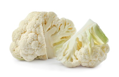 Cut fresh raw cauliflower on white background