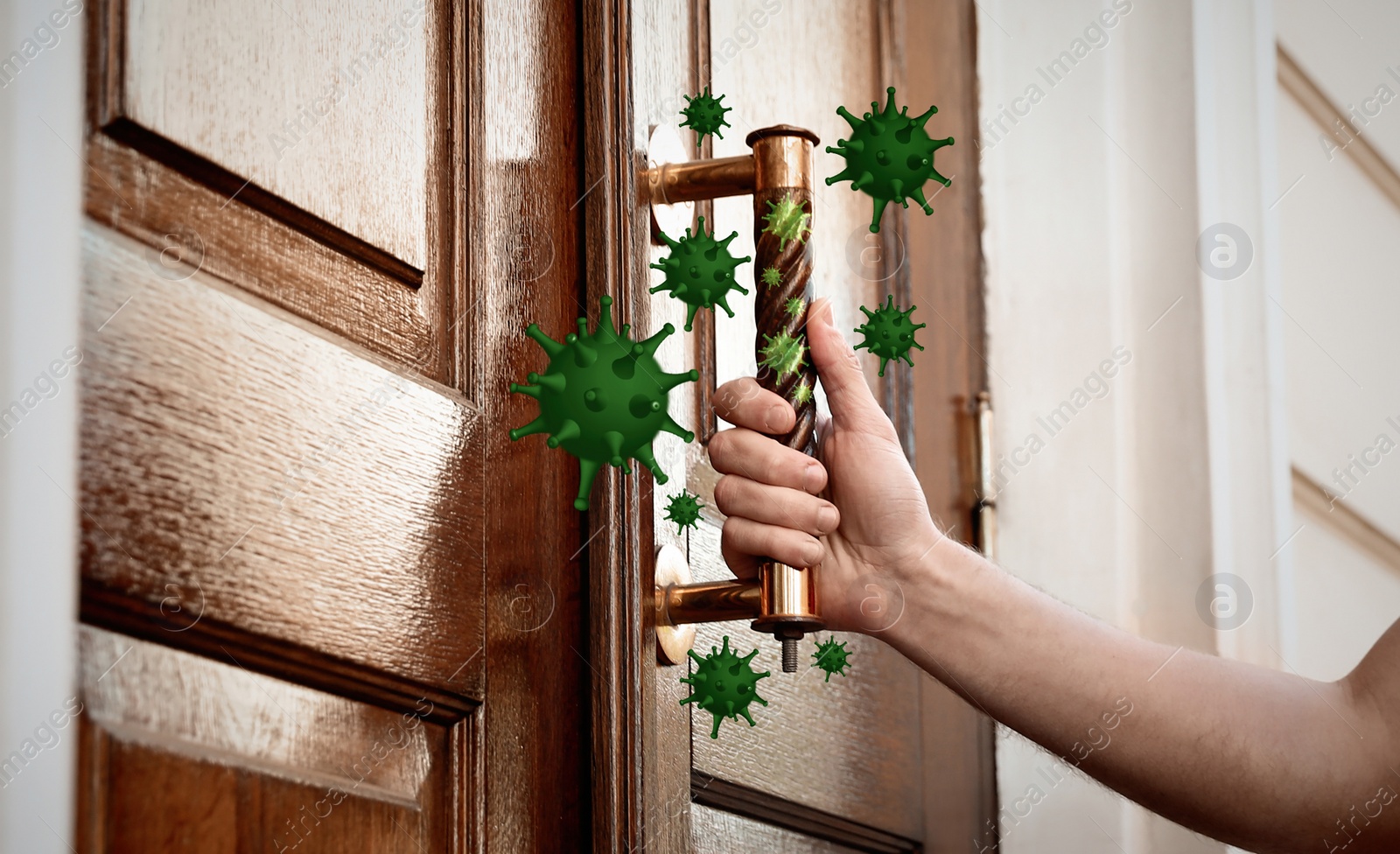 Image of Abstract illustration of virus and man opening wooden door, closeup. Avoid touching surfaces in public spaces during COVID-19 pandemic