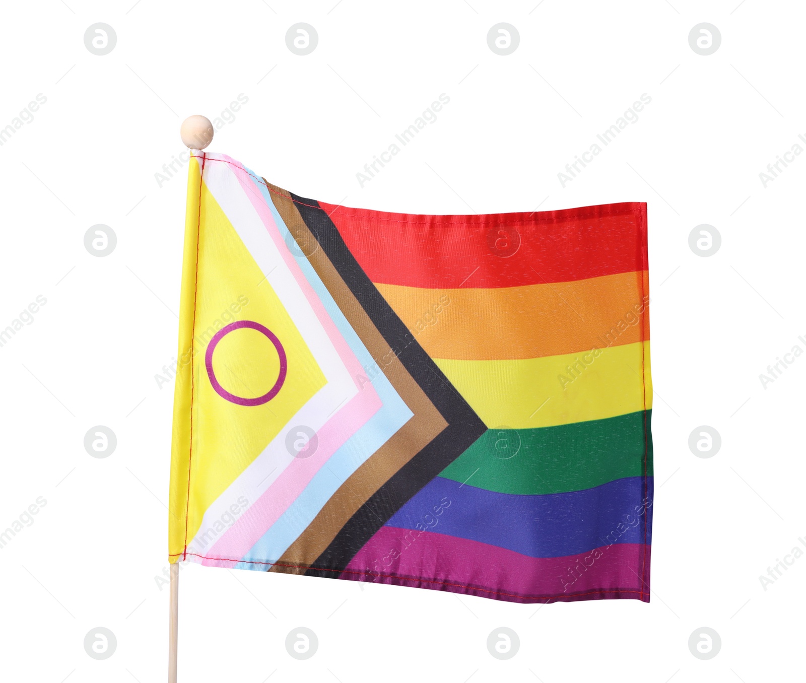 Photo of Bright progress flag on white background. LGBT pride