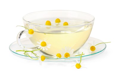Photo of Aromatic herbal tea in glass cup with chamomile flowers isolated on white