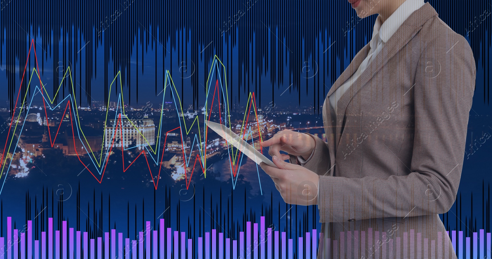 Image of Double exposure of businesswoman with tablet and cityscape, closeup. Stock exchange trading