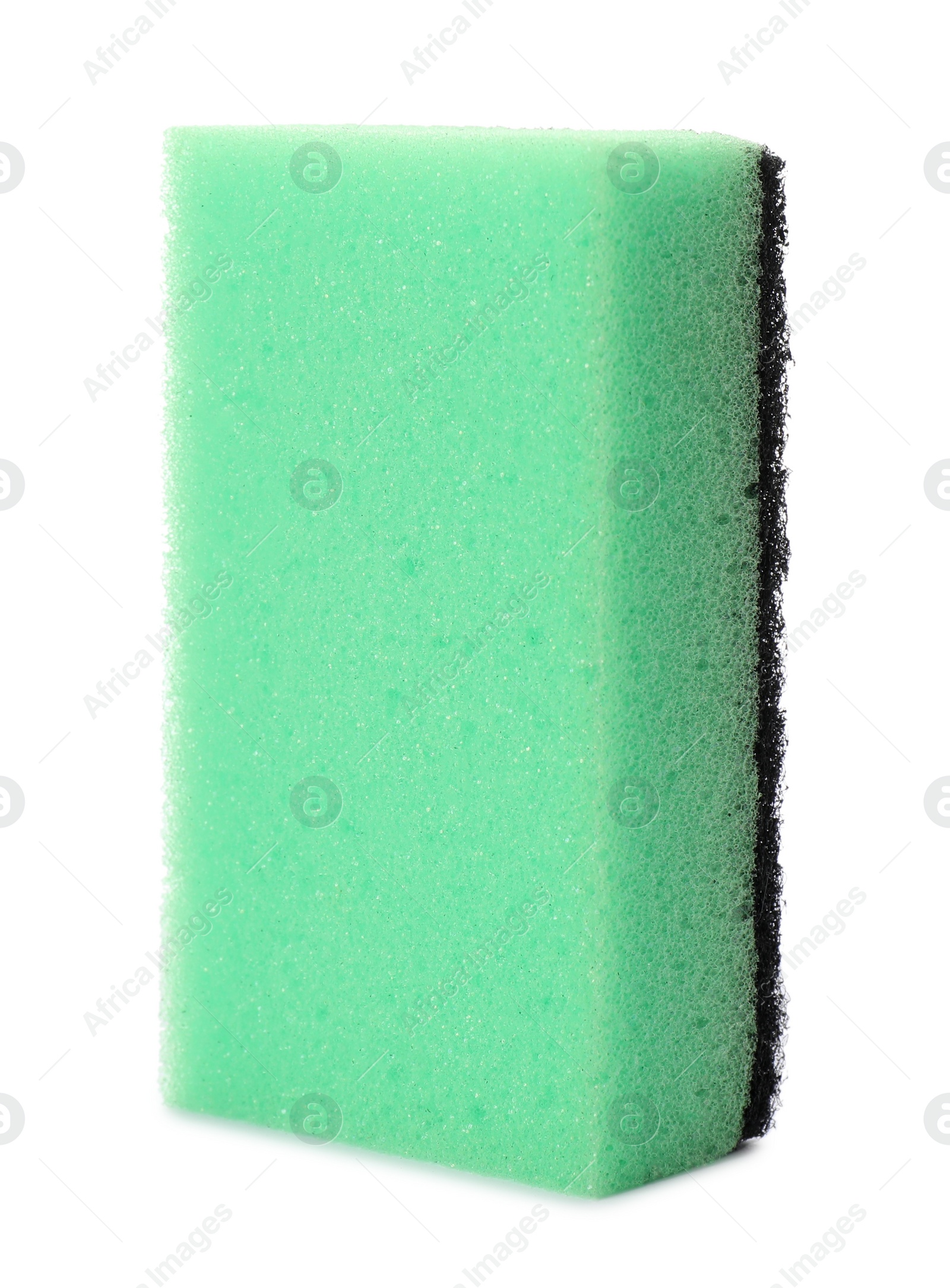 Photo of Green cleaning sponge with abrasive black scourer isolated on white