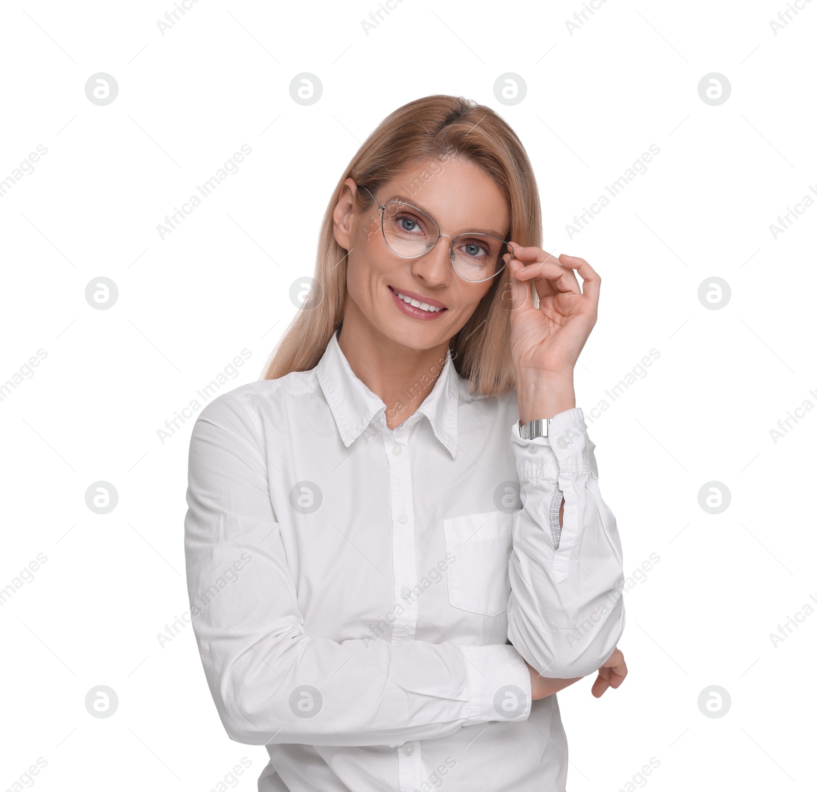 Photo of Portrait of smiling woman in glasses on white background. Lawyer, businesswoman, accountant or manager