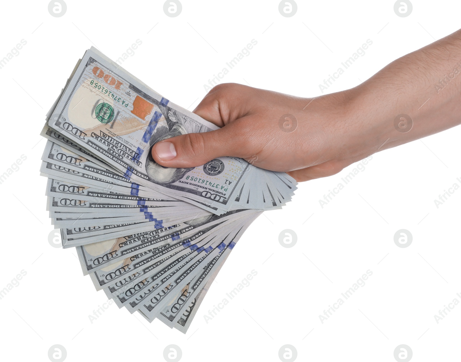 Photo of Money exchange. Man holding dollar banknotes on white background, closeup