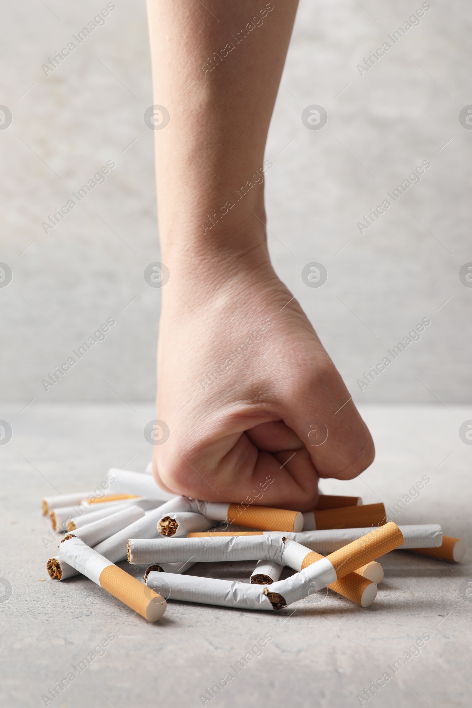 Photo of Stop smoking. Woman crushing cigarettes at grey table, closeup