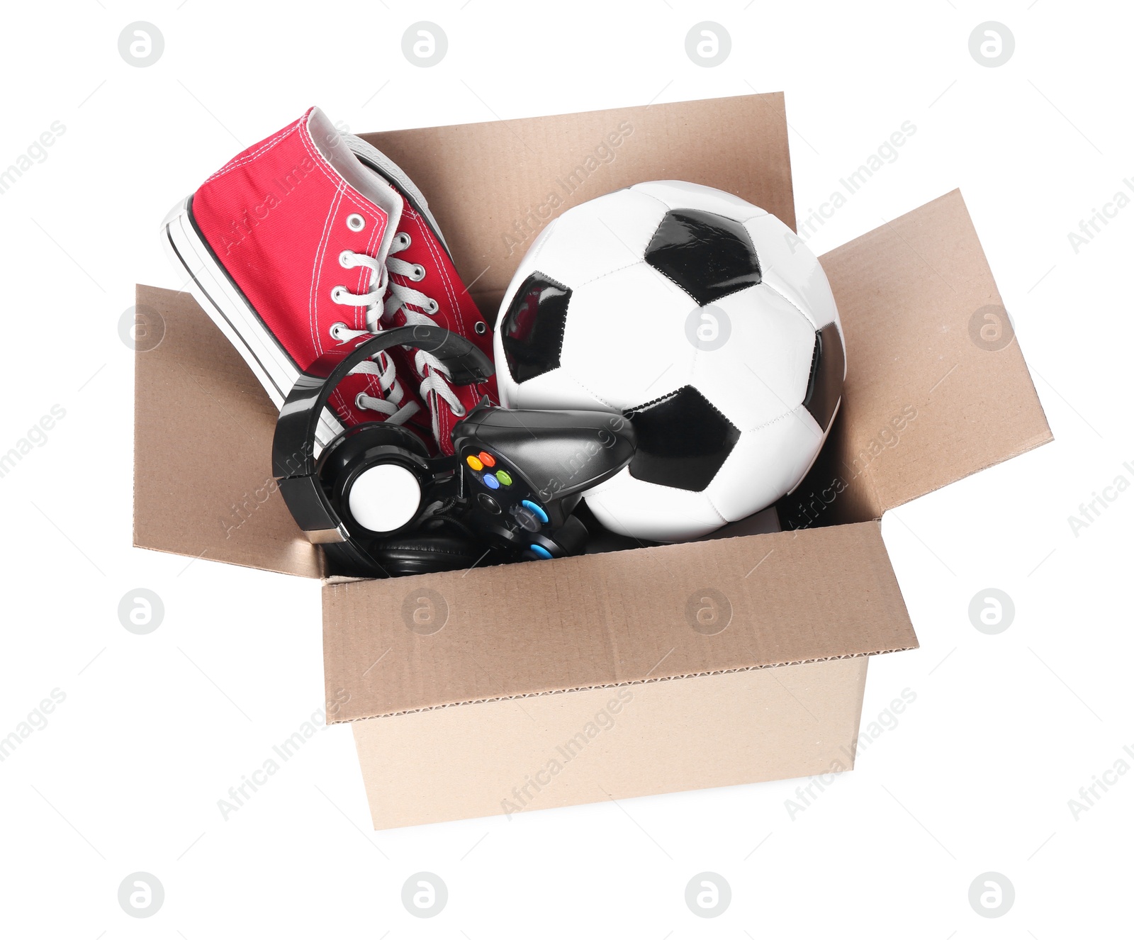 Photo of Box of unwanted stuff isolated on white