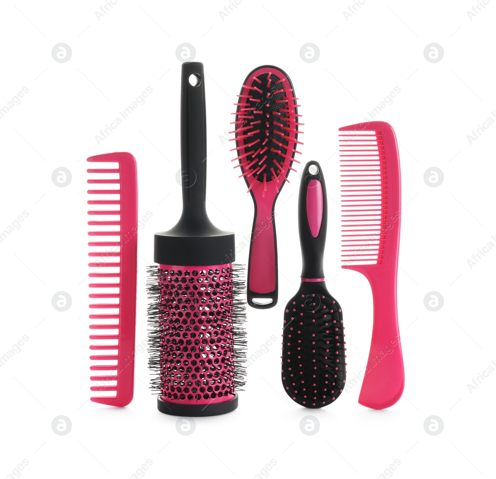 Photo of Set of professional hair brushes and combs isolated on white, top view