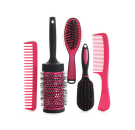 Photo of Set of professional hair brushes and combs isolated on white, top view