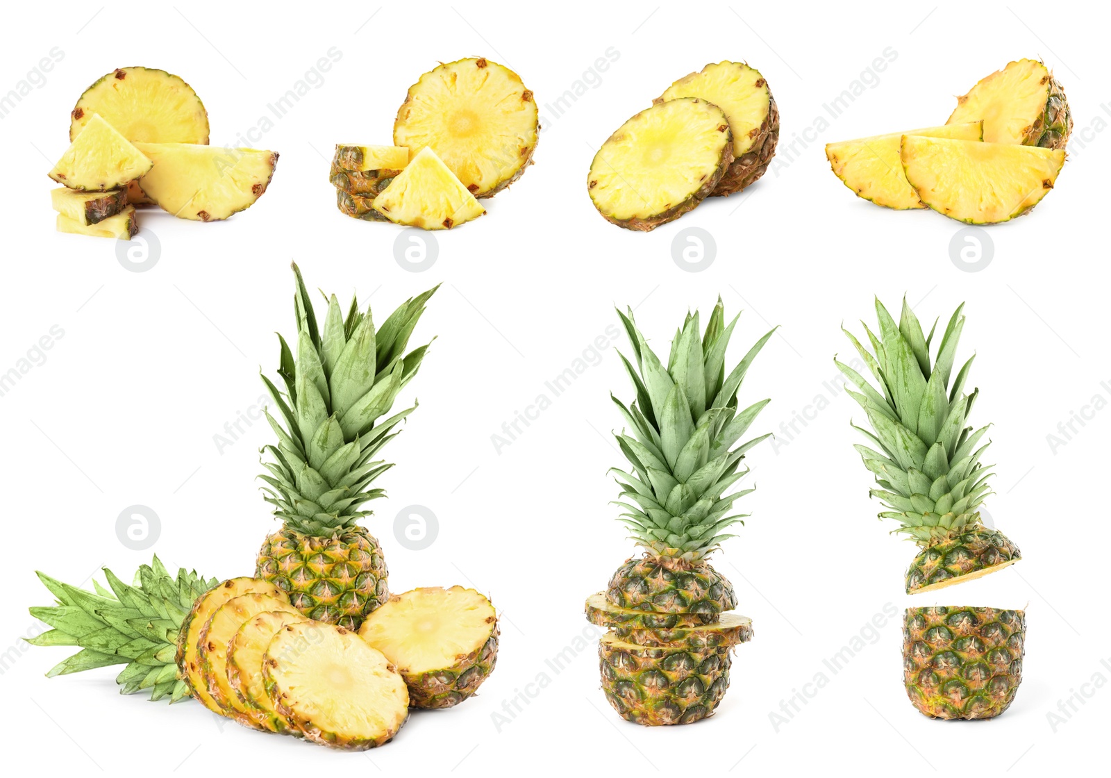 Image of Set with cut and whole pineapples isolated on white