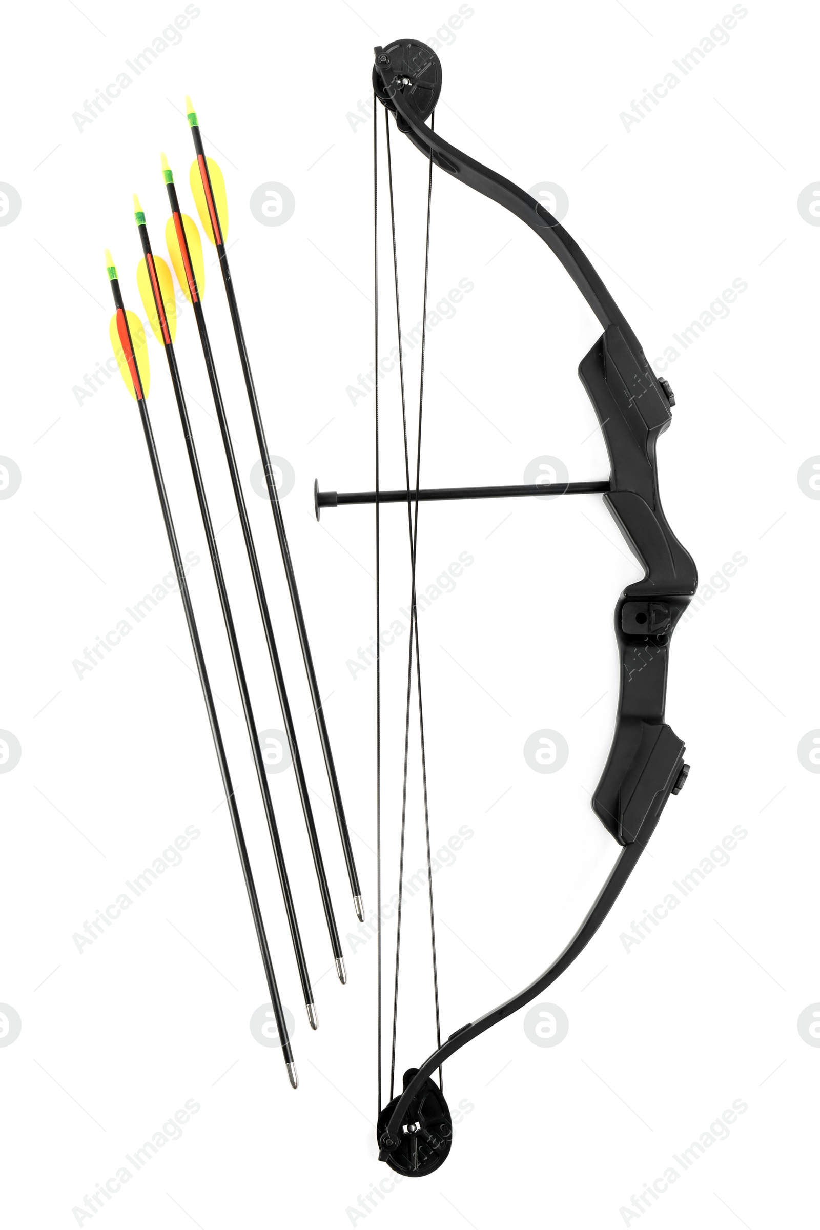 Photo of Black bow and plastic arrows on white background, top view. Archery sports equipment