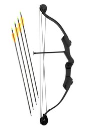 Black bow and plastic arrows on white background, top view. Archery sports equipment