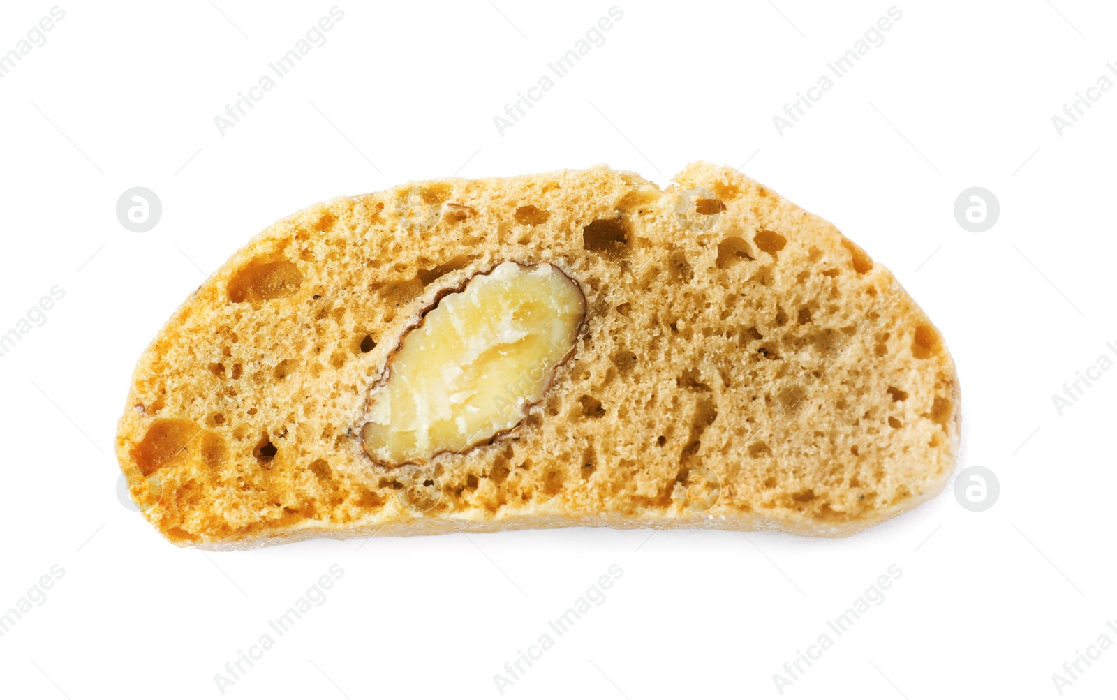 Photo of Slice of tasty cantucci isolated on white, top view. Traditional Italian almond biscuits