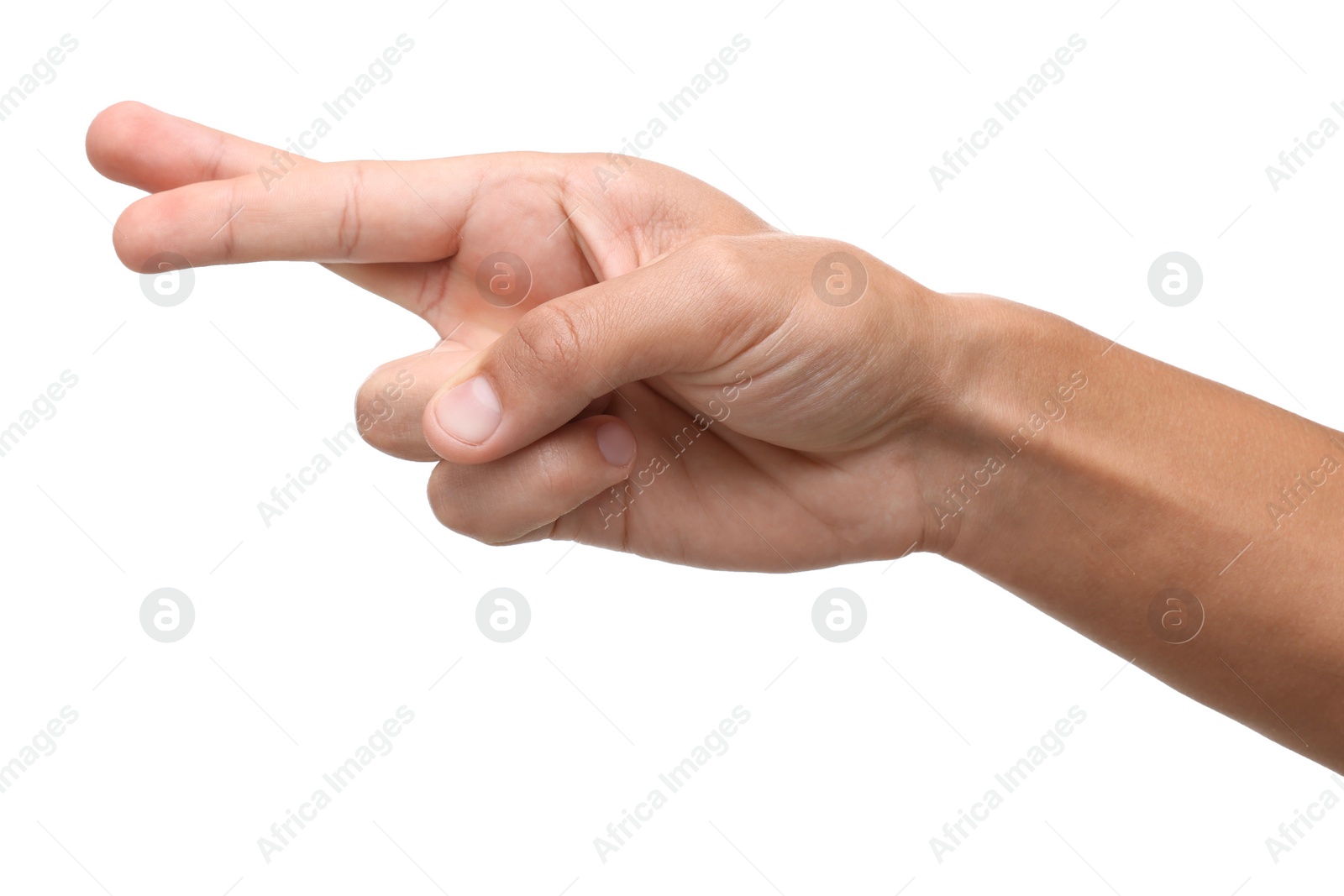 Photo of Young man crossing his fingers on white background, closeup