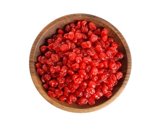 Bowl with tasty cherries on white background, top view. Dried fruits as healthy food