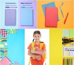 Image of Collage with photos of cute girl and different stationery. Back to school