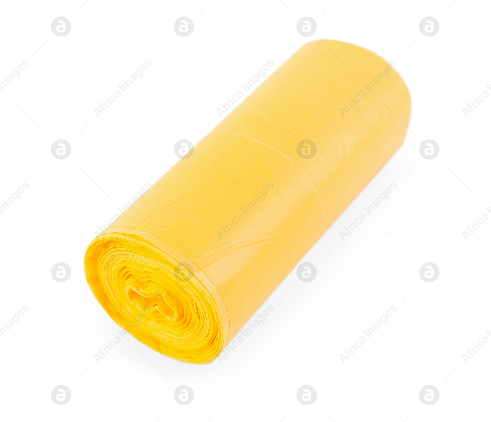 Photo of Roll of yellow garbage bags isolated on white