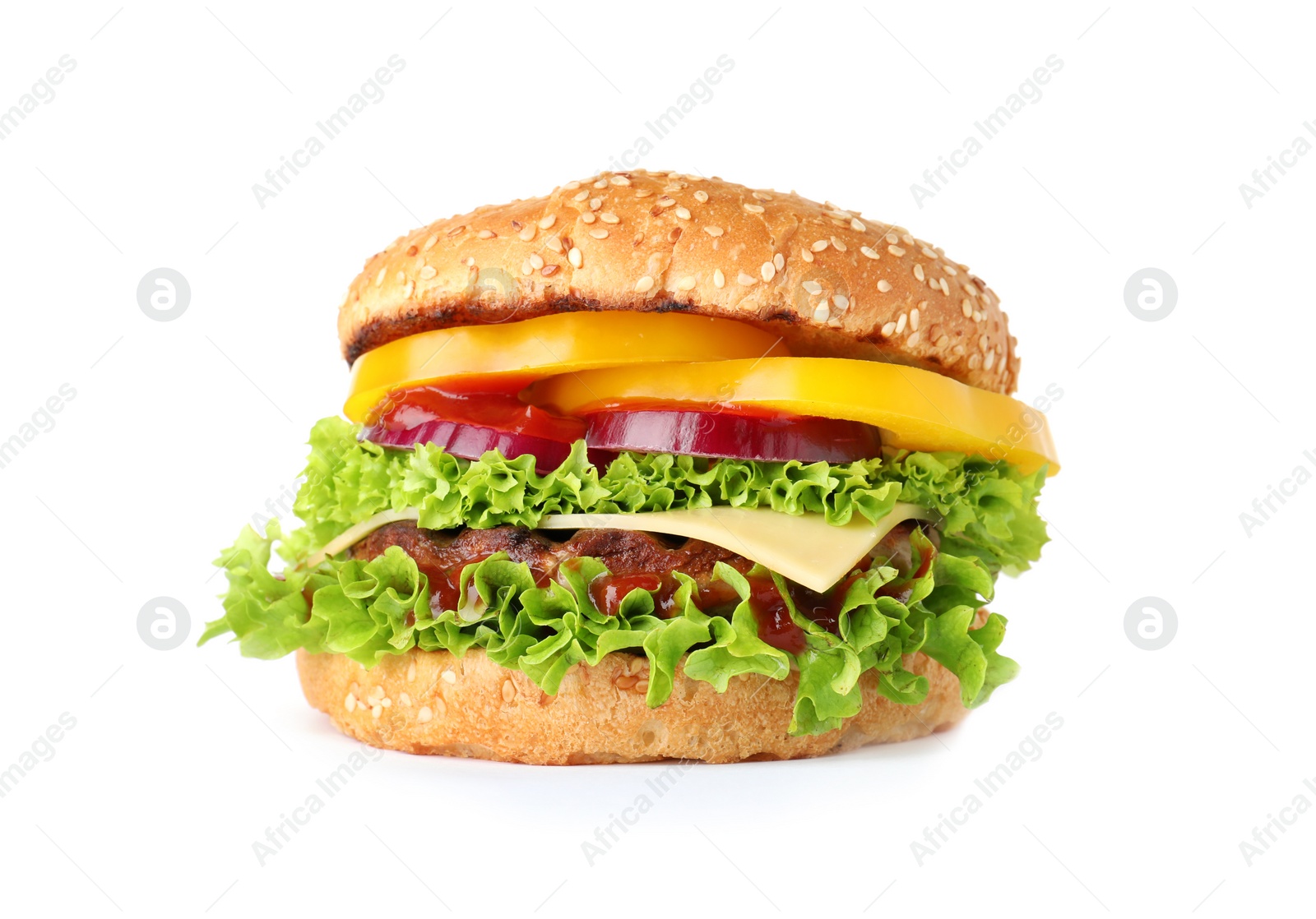 Photo of Tasty fresh burger with cutlet isolated on white