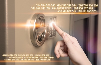 Image of Woman pressing buttons on keypad to lock steel safe, closeup. Numbers symbolizing variations of code combination