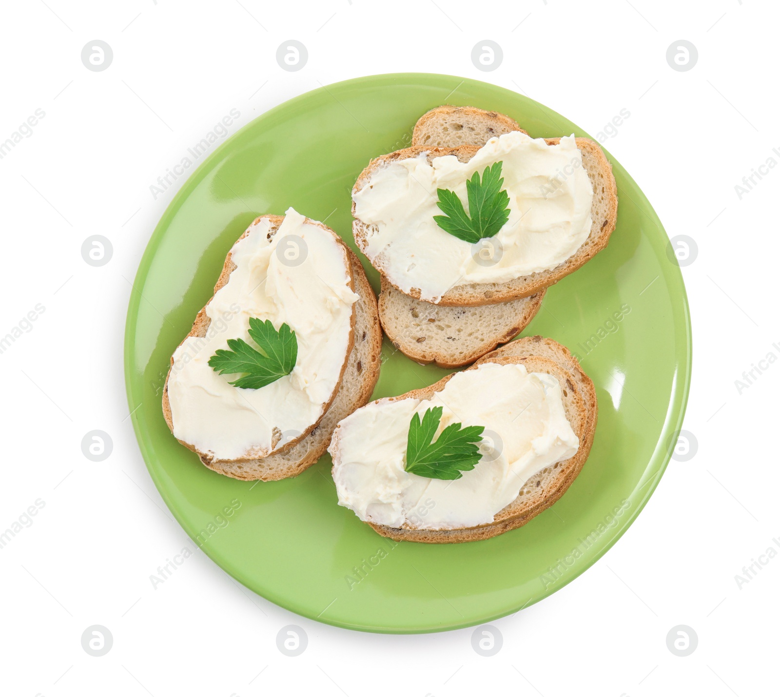 Photo of Bread with cream cheese and parsley on white background, top view