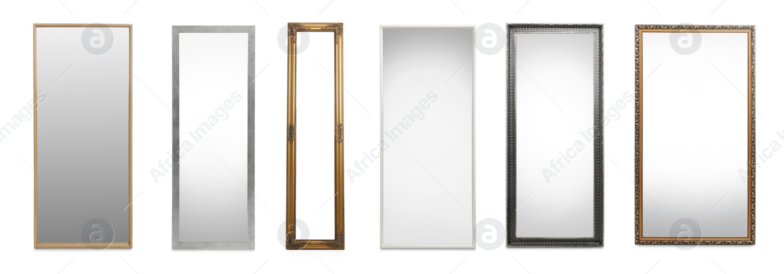 Image of Set of different stylish mirrors on white background