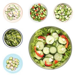 Image of Set of delicious salad with cucumbers and different ingredients on white background