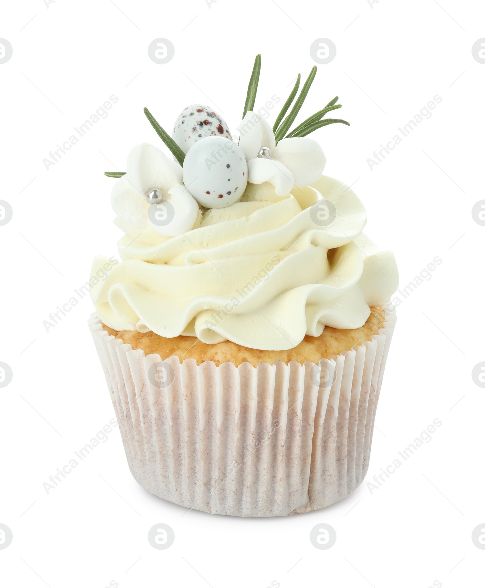 Photo of Tasty Easter cupcake with vanilla cream isolated on white