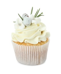 Photo of Tasty Easter cupcake with vanilla cream isolated on white