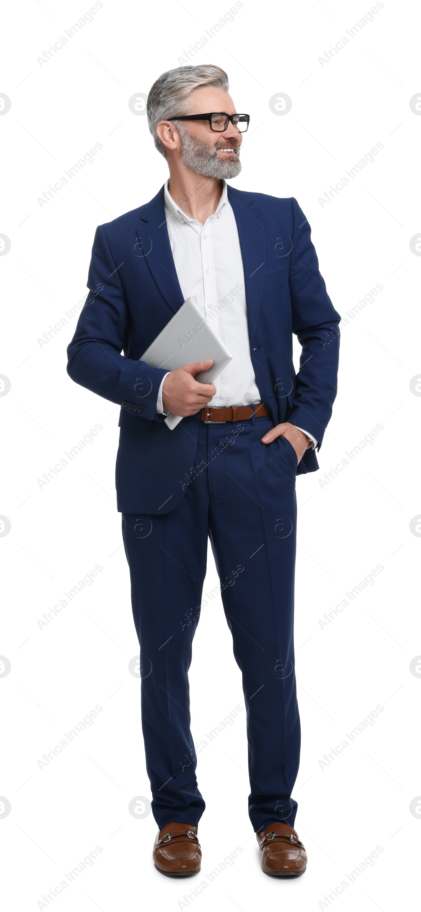 Photo of Mature businessman in stylish clothes with tablet on white background