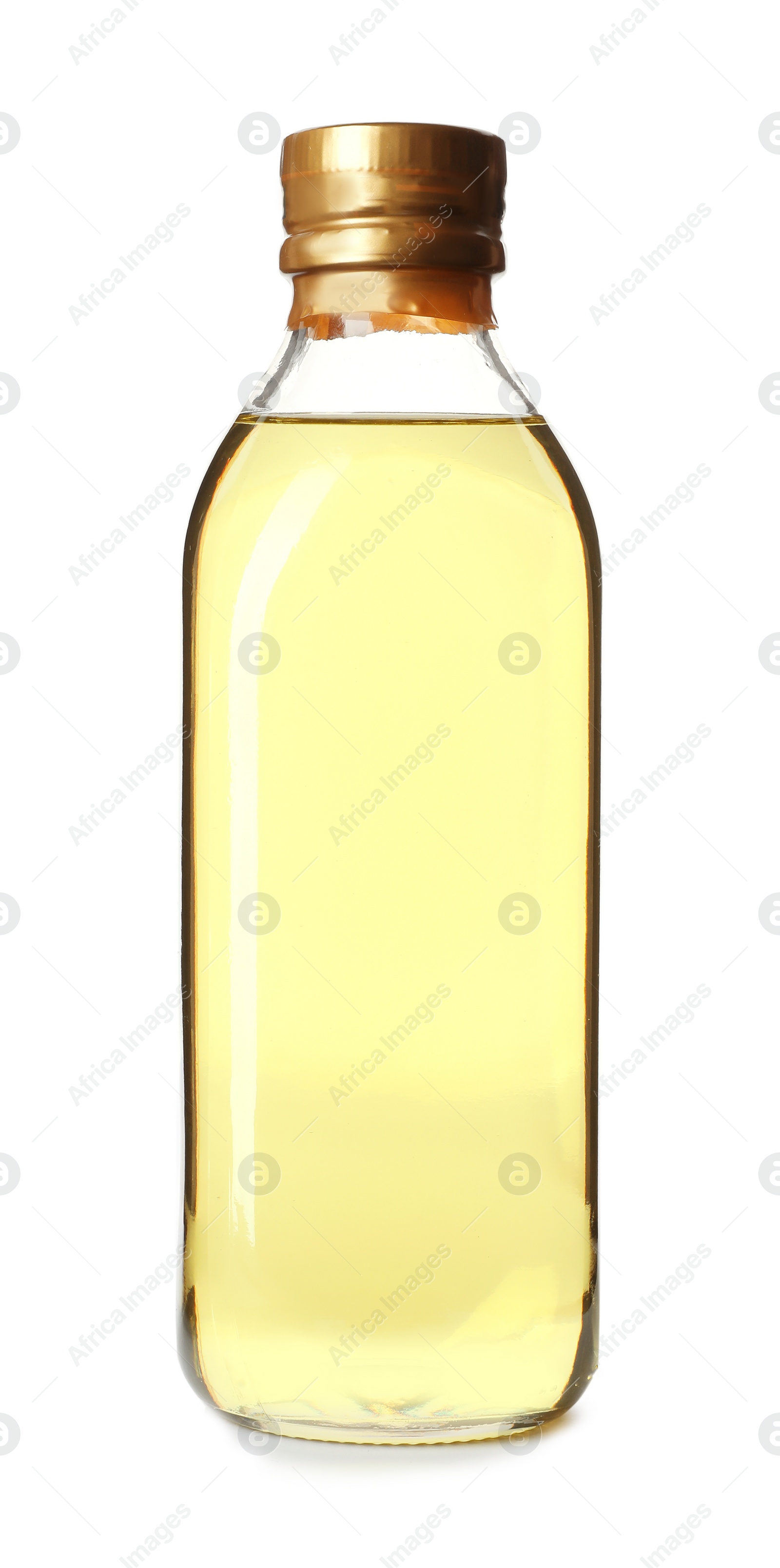 Photo of Glass bottle of oil on white background