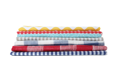 Stack of clean kitchen towels isolated on white