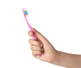 Photo of Woman holding manual toothbrush against white background