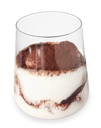 Photo of Delicious tiramisu in glass isolated on white