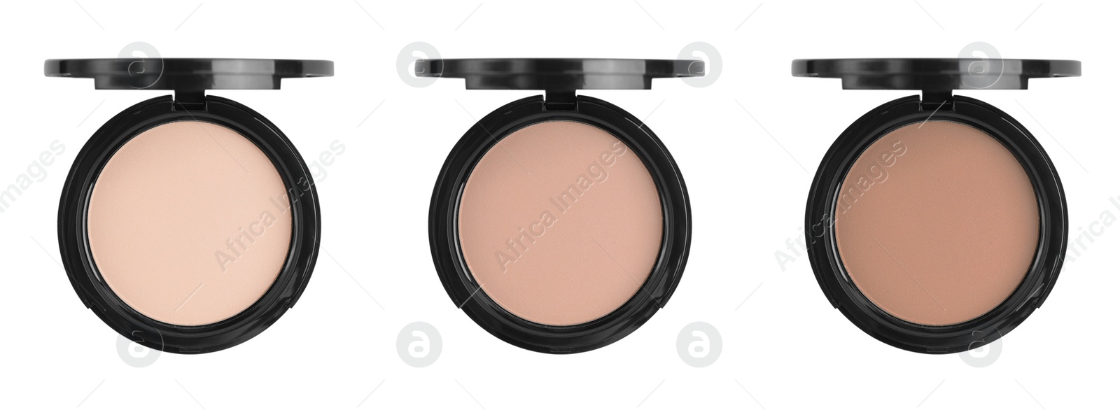 Image of Compact face powders of different shades isolated on white, collection. Top view