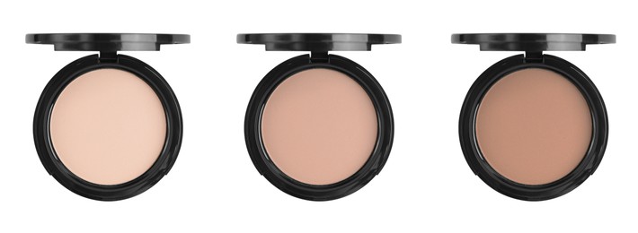 Image of Compact face powders of different shades isolated on white, collection. Top view