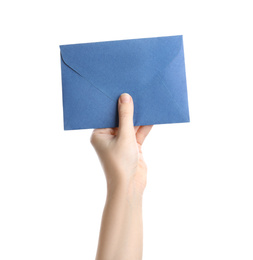 Photo of Woman holding blue paper envelope on white background, closeup