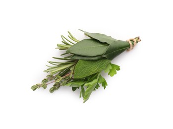 Bundle of aromatic bay leaves and different herbs isolated on white, top view