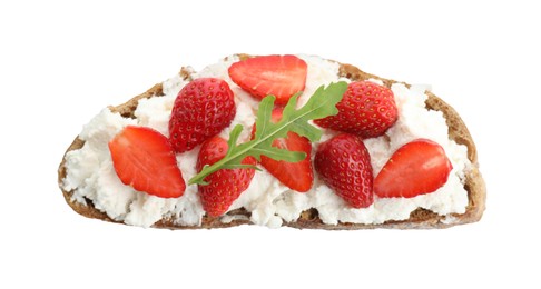 Photo of Delicious ricotta bruschetta with strawberry and arugula isolated on white, top view