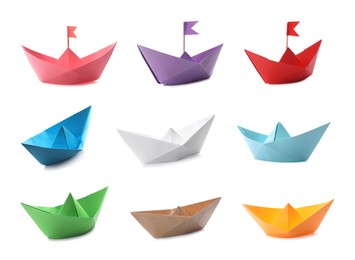 Image of Set with multicolor paper boats on white background 