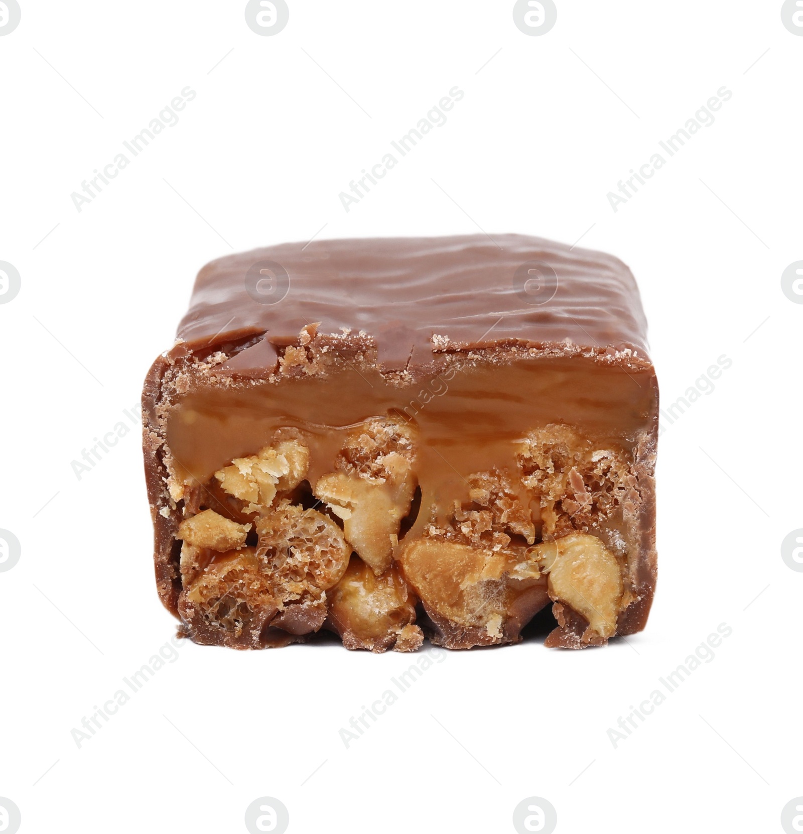 Photo of Piece of sweet tasty chocolate bar on white background