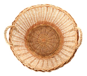 Photo of Wicker basket with handles isolated on white, top view