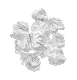 Photo of Crumpled sheets of paper on white background, top view