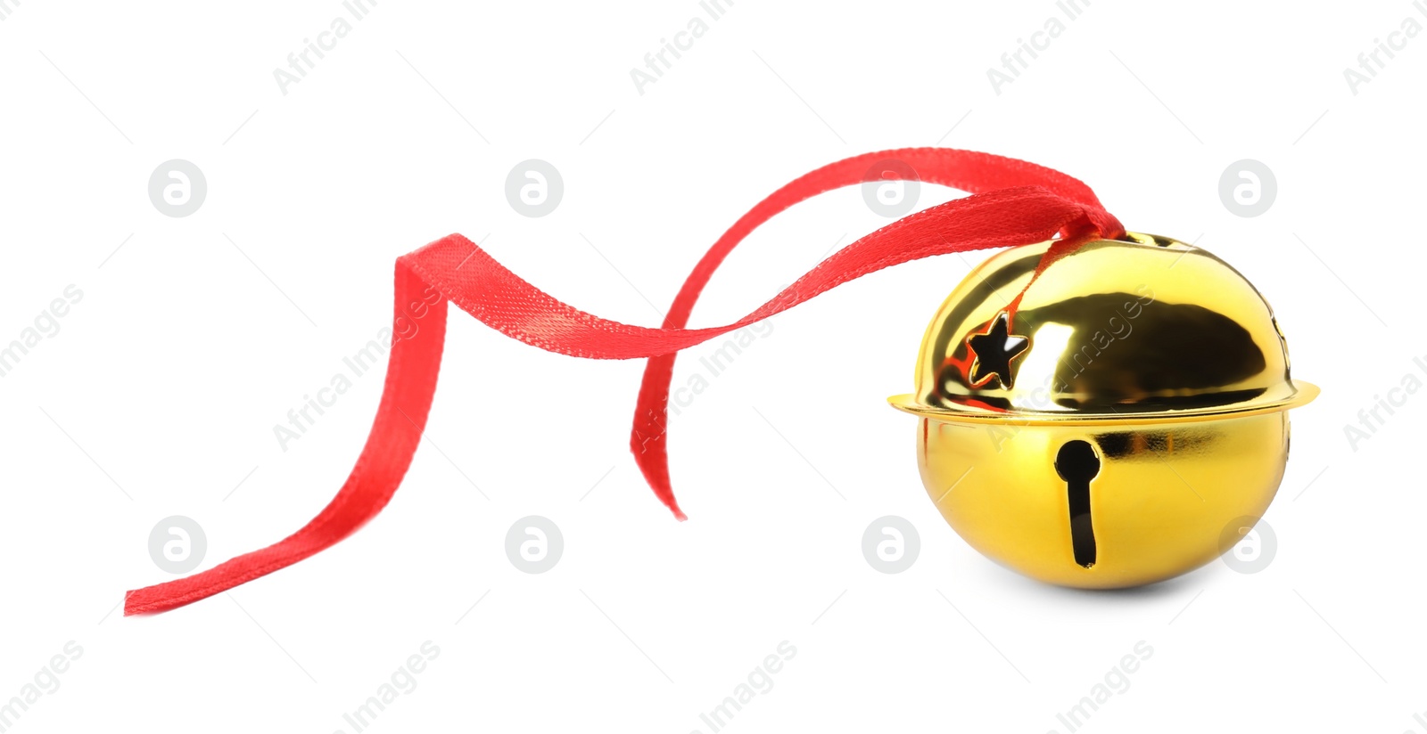 Photo of Shiny golden sleigh bell with ribbon isolated on white