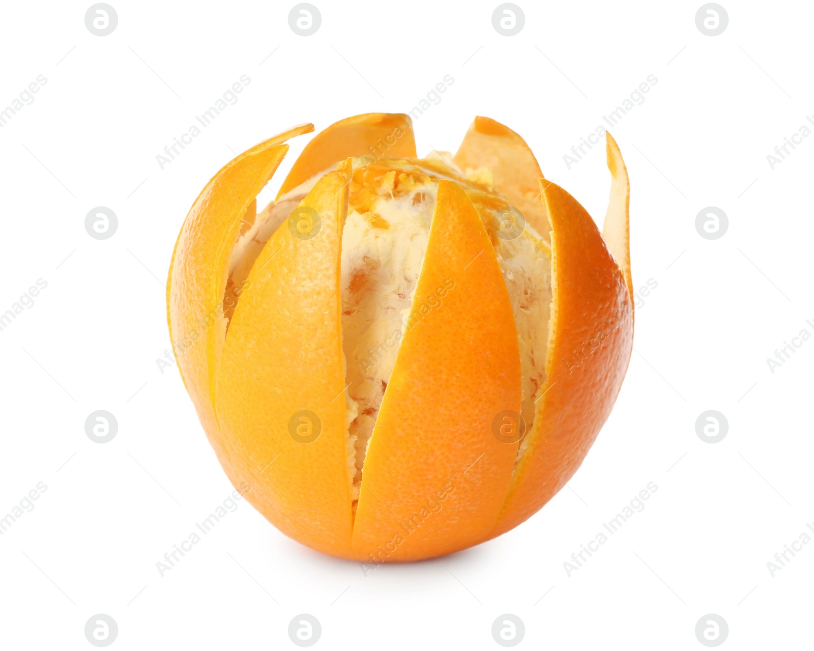 Photo of Tasty peeled orange fruit on white background