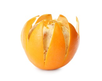 Tasty peeled orange fruit on white background