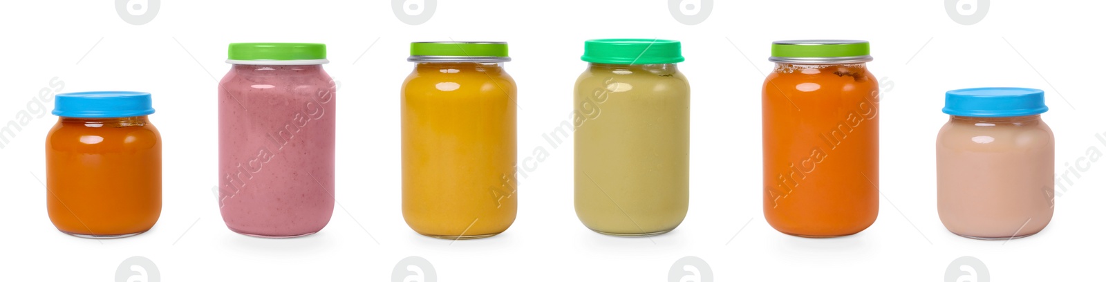 Image of Set of baby food in glass jars isolated on white