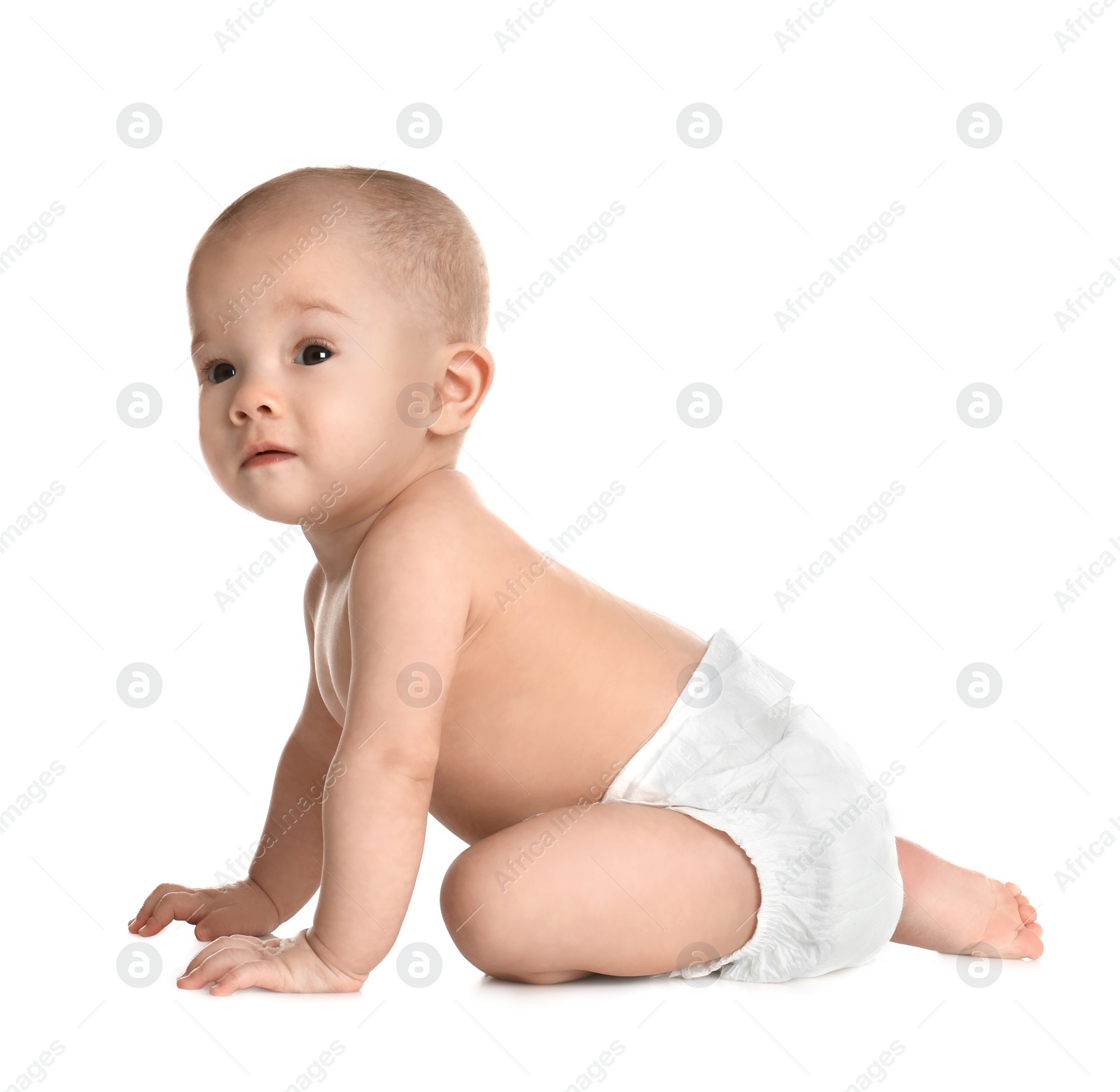 Photo of Cute little baby in diaper on white background