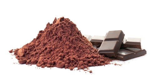 Cocoa powder and pieces of chocolate on white background