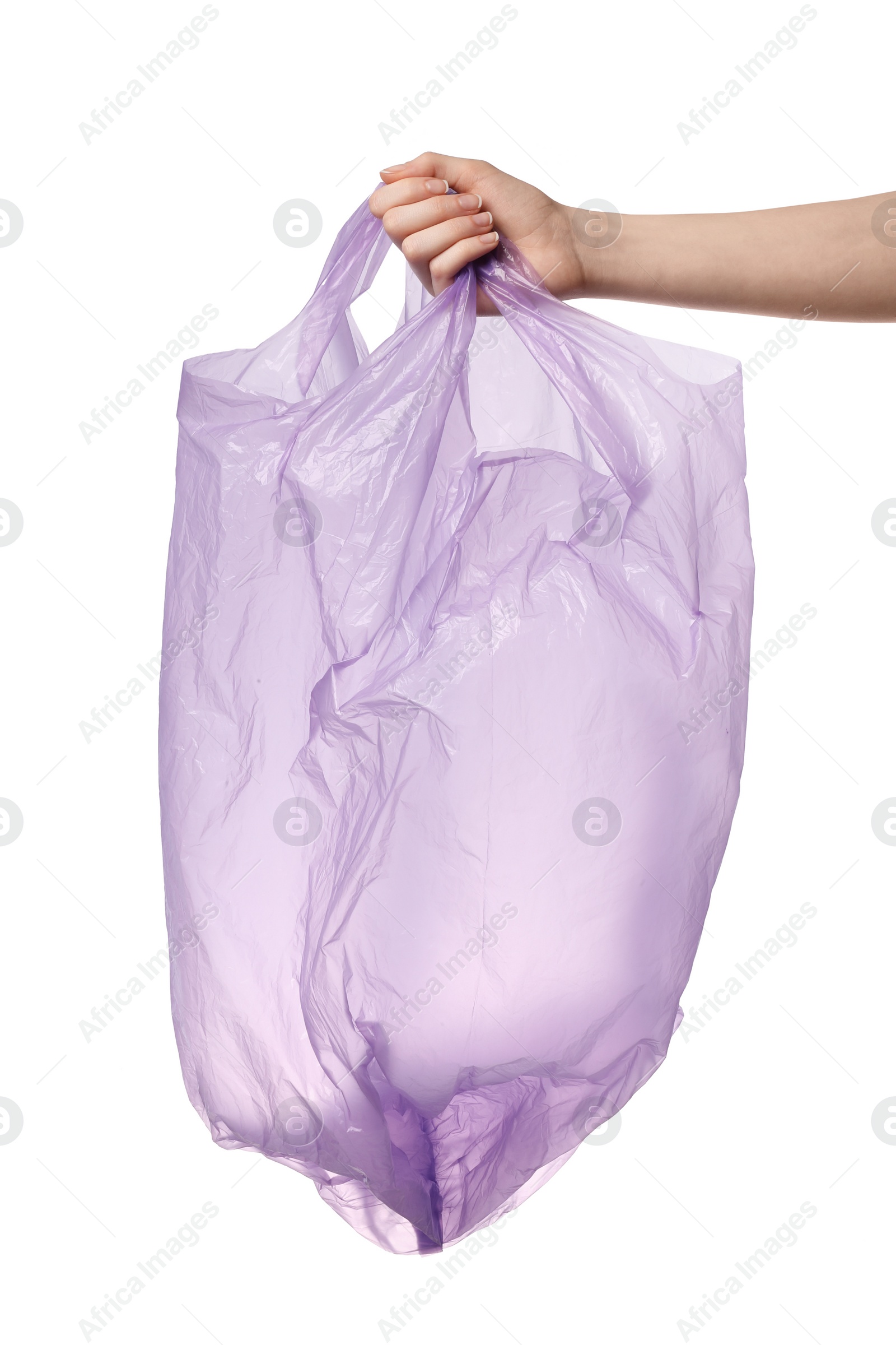 Photo of Woman holding purple plastic bag on white background, closeup