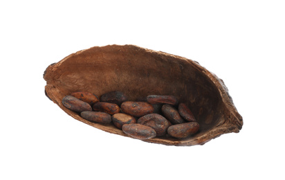 Photo of Half of dry cocoa pod with beans isolated on white