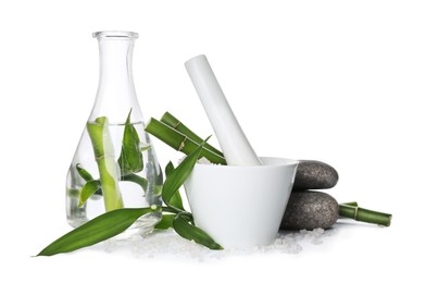 Photo of Composition with fresh bamboo, bath salt and spa stones on white background